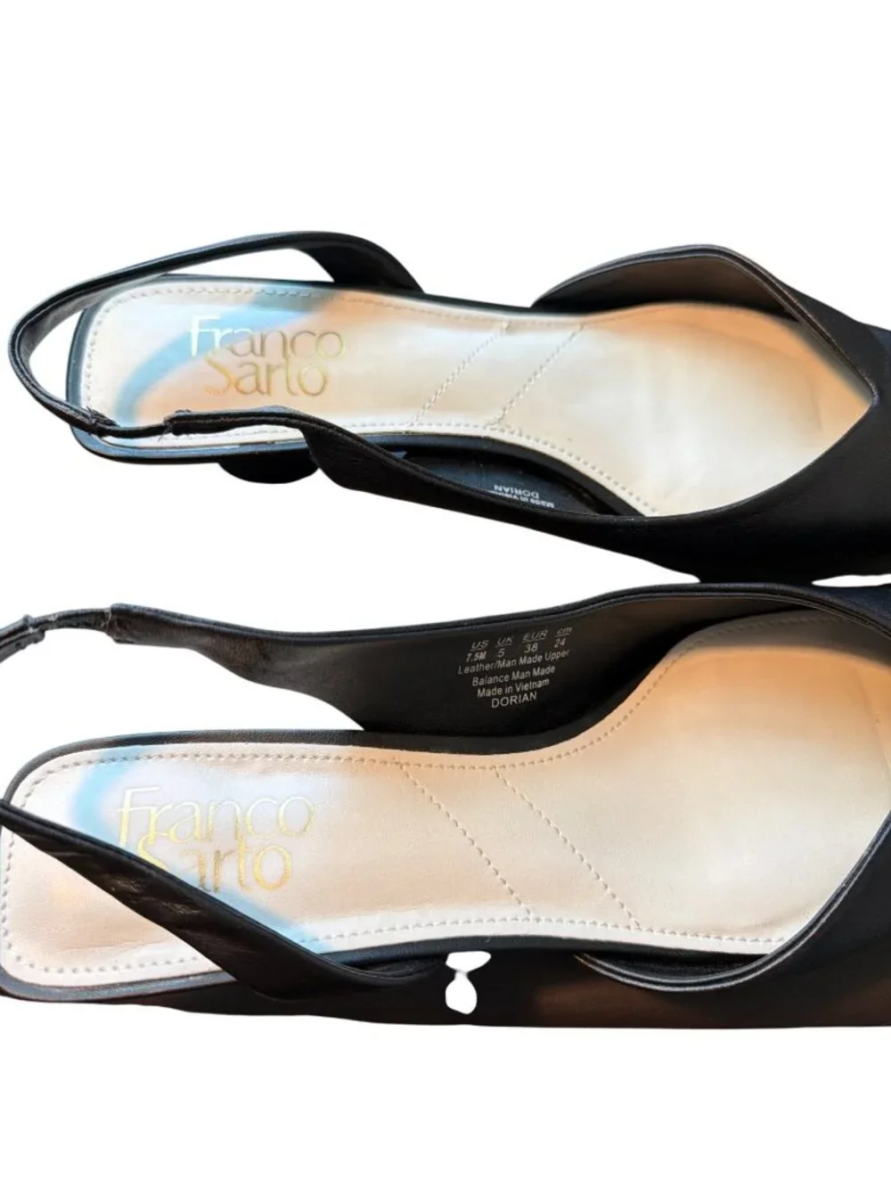Franco Sarto Black Leather Dorian Heels Slingback Pointed Toe Kitten Heel Sz 7.5